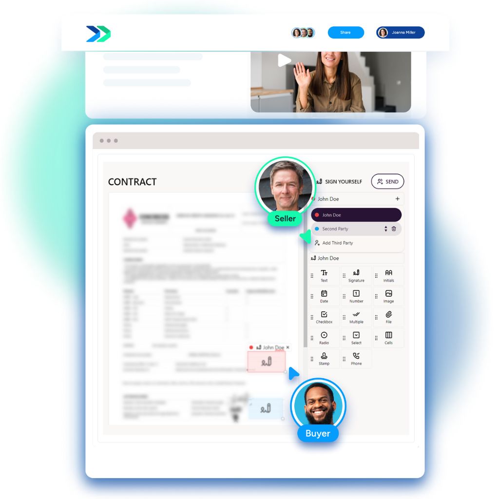 Forward eSign product represents a seller is preparing a document to sign and a buyer is digitally signing