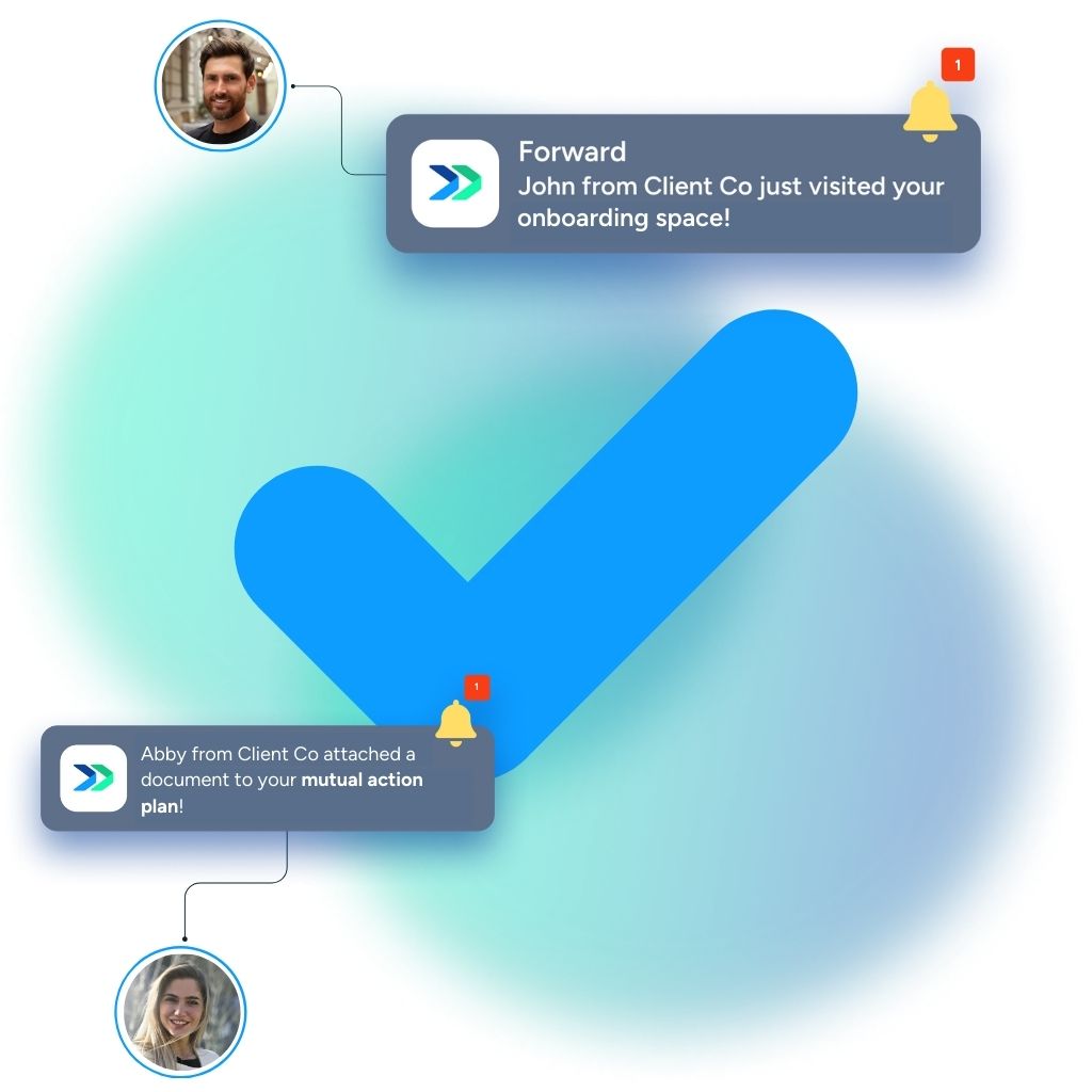 an image with a big checkmark and a mutual action plan notification explaining how digital sales rooms for onboarding works